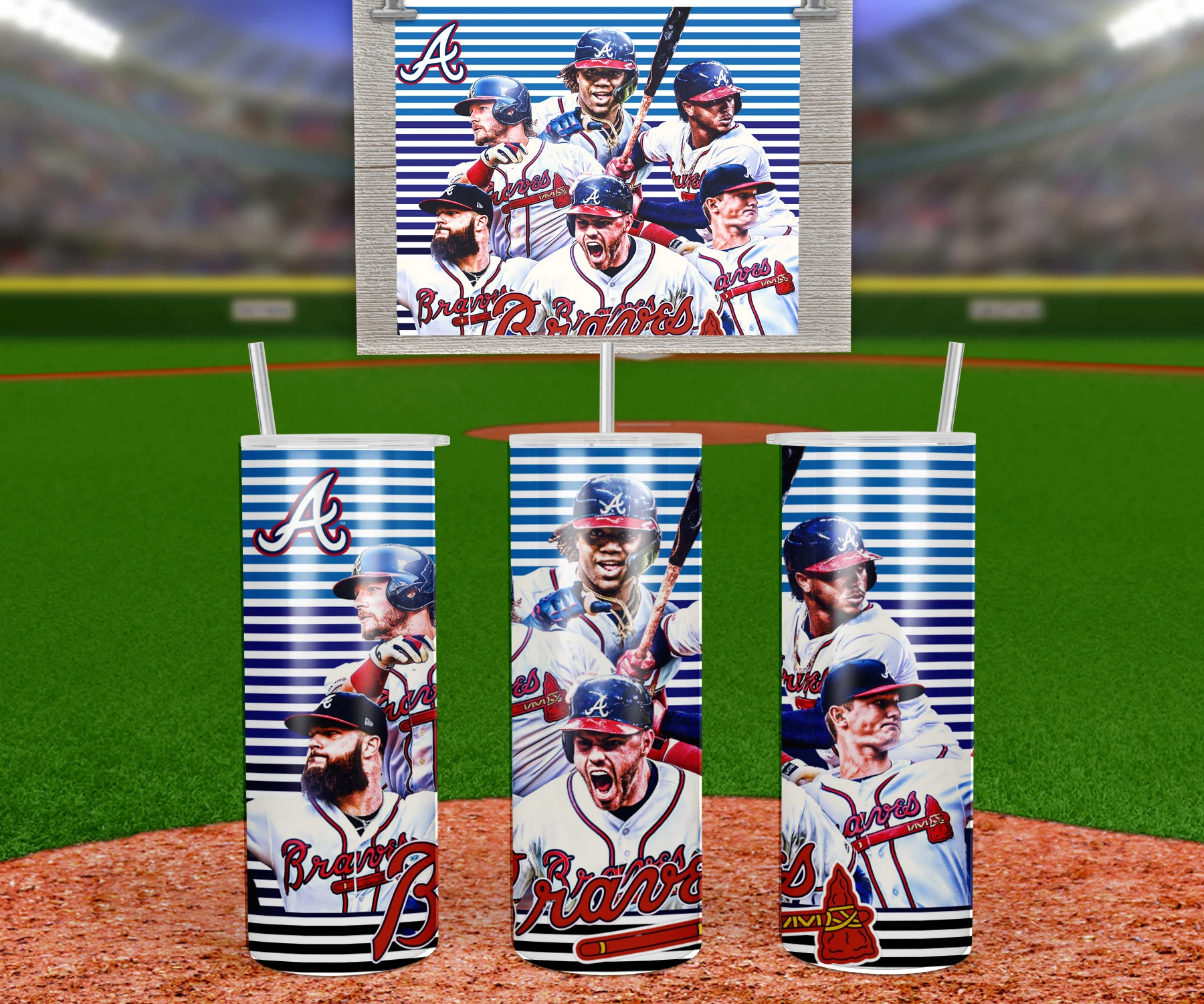 A 20 oz skinny tumbler wrap with Atlanta Braves players shouting and celebrating over navy and white horizontal stripes. Sublimation design
