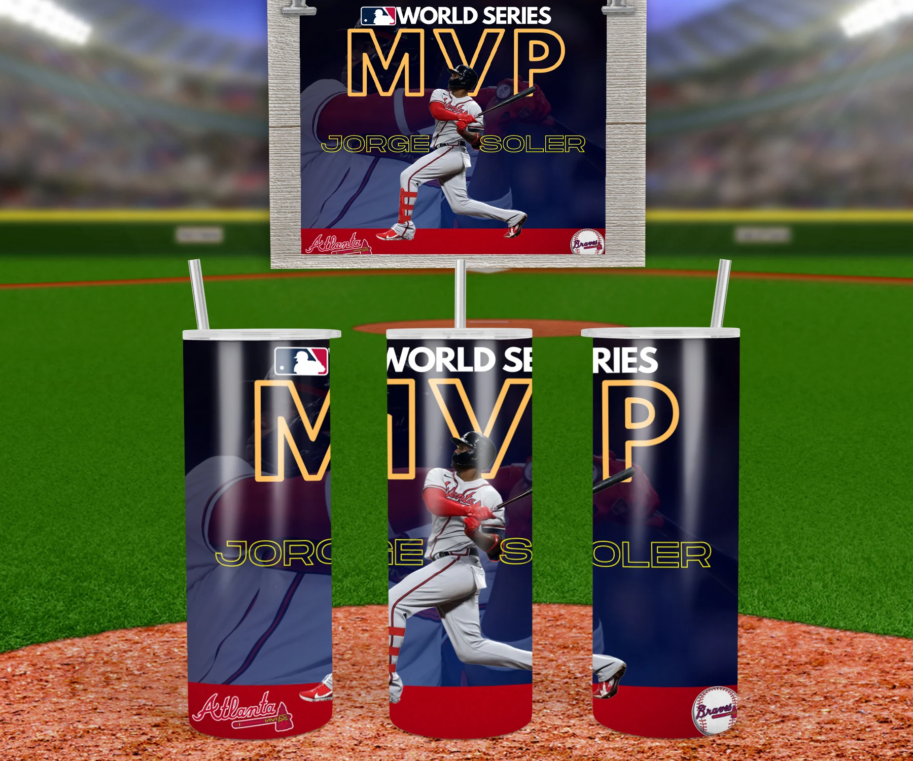 A 20 oz skinny tumbler wrap with large gold MVP lettering, World Series text, Jorge Soler running the bases and the Braves script. Sublimation design