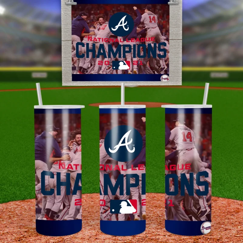 A 20 oz skinny tumbler wrap with the Braves A logo and National League Champions lettering over a photo of players celebrating. Sublimation design