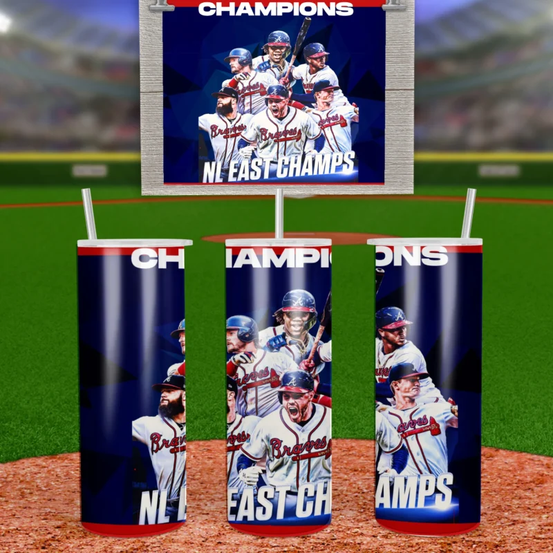 A 20 oz skinny tumbler wrap with Champions and NL East Champs lettering and Atlanta Braves players in home jerseys on a navy. Sublimation design