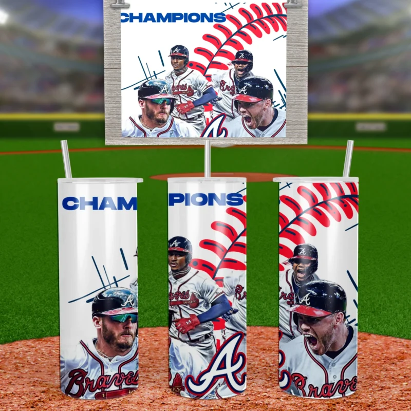 A 20 oz skinny tumbler wrap with Champions lettering, Atlanta Braves players and the Braves A logo over a white background. Sublimation design