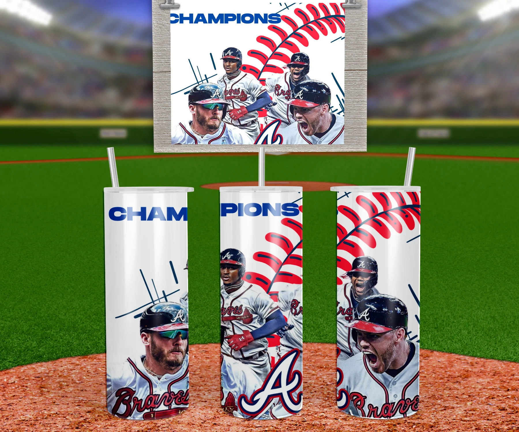 A 20 oz skinny tumbler wrap with Champions lettering, Atlanta Braves players and the Braves A logo over a white background. Sublimation design