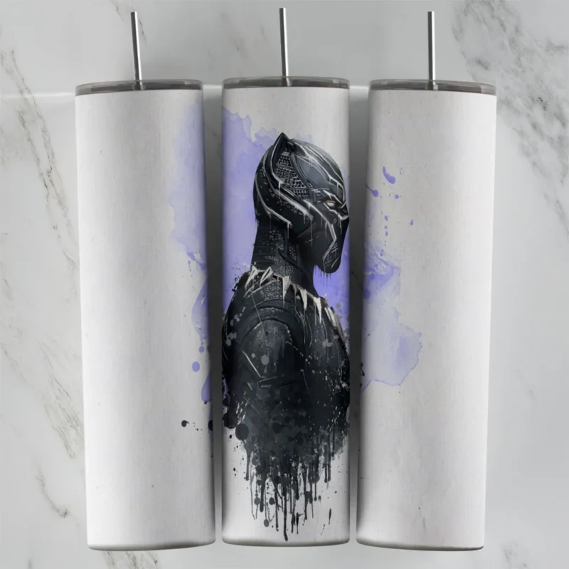 A Black Panther tumbler wrap showing the hero from the chest up in black with dripping paint edges, over a lavender watercolor. Sublimation design