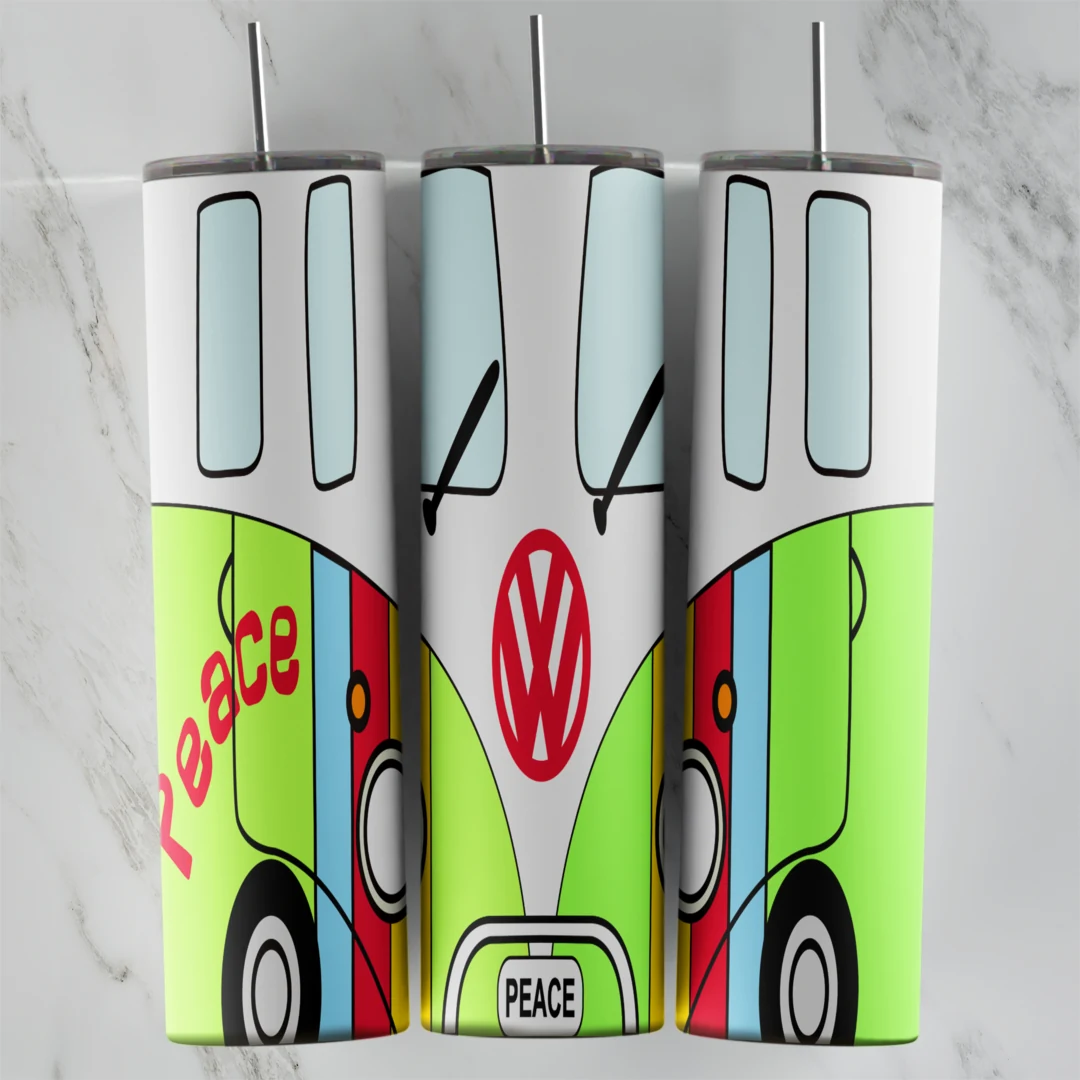 A colorful tumbler wrap designed as a hippie Volkswagen bus front in lime green, white and rainbow stripes, with the VW logo. Sublimation design