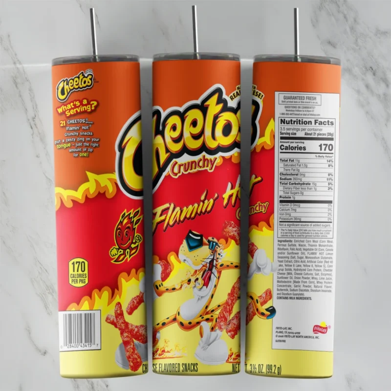 A 20 oz skinny tumbler wrap showing a Cheetos Crunchy Flamin’ Hot bag, with Chester Cheetah in sunglasses, red hot puffs. Sublimation design