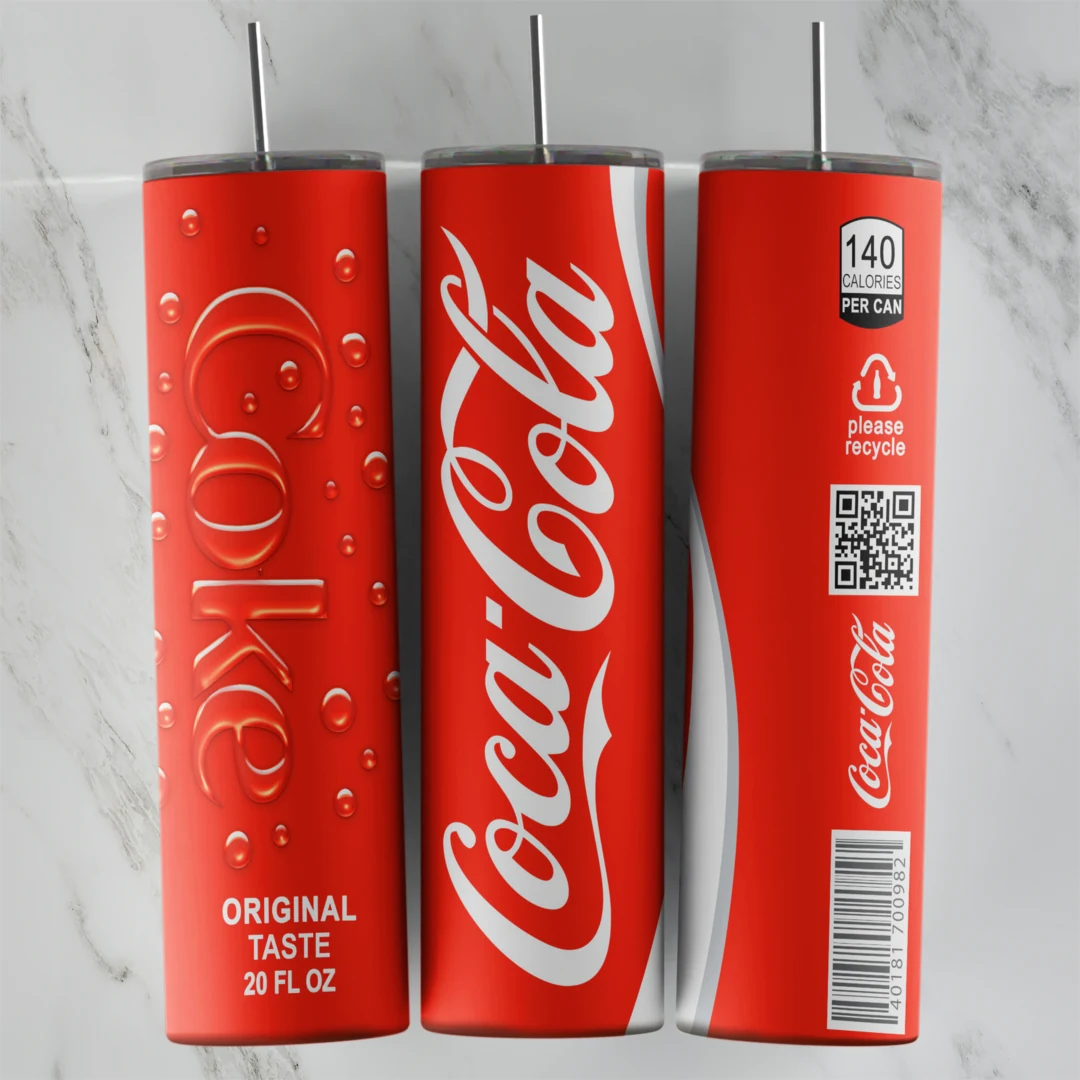 A full 20 oz skinny tumbler wrap styled as a red Coca Cola can with the white script logo, Original Taste, a QR code and a barcode. Sublimation design