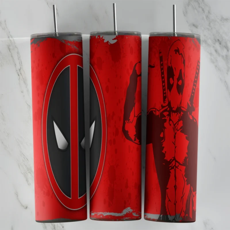 A scratched red 20 oz tumbler wrap with the Deadpool mask logo on the front and a dark red Deadpool silhouette on the back. Sublimation design