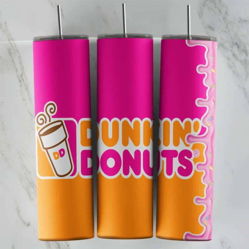 A full 20 oz skinny tumbler wrap with pink and orange Dunkin Donuts colors, the coffee cup logo, the brand lettering and a wavy. Sublimation design