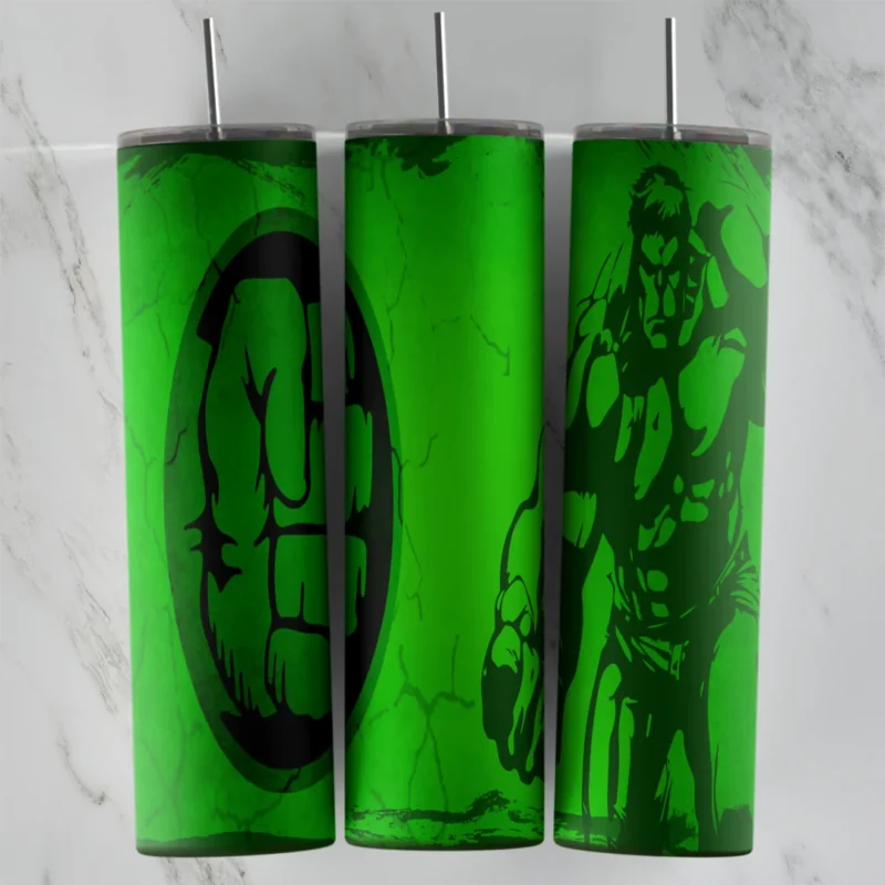 A 20 oz skinny tumbler wrap in cracked green with a dark green Hulk fist logo in a circle and a dark green Hulk figure on the side. Sublimation design