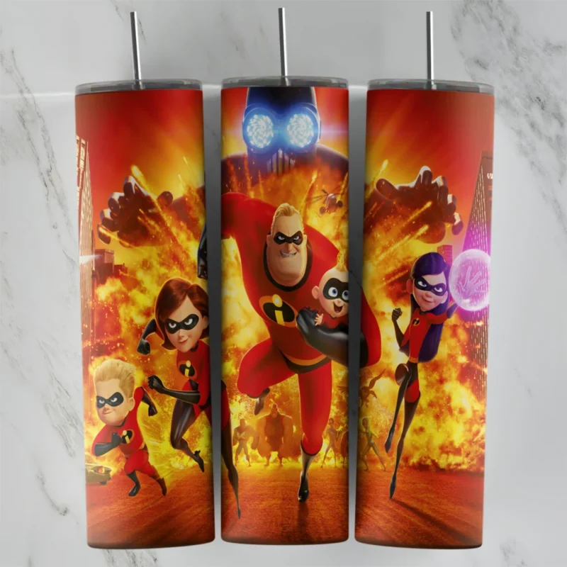An Incredibles tumbler wrap with Mr. Incredible, Elastigirl, Violet and Dash running together in red suits in front of orange. Sublimation design