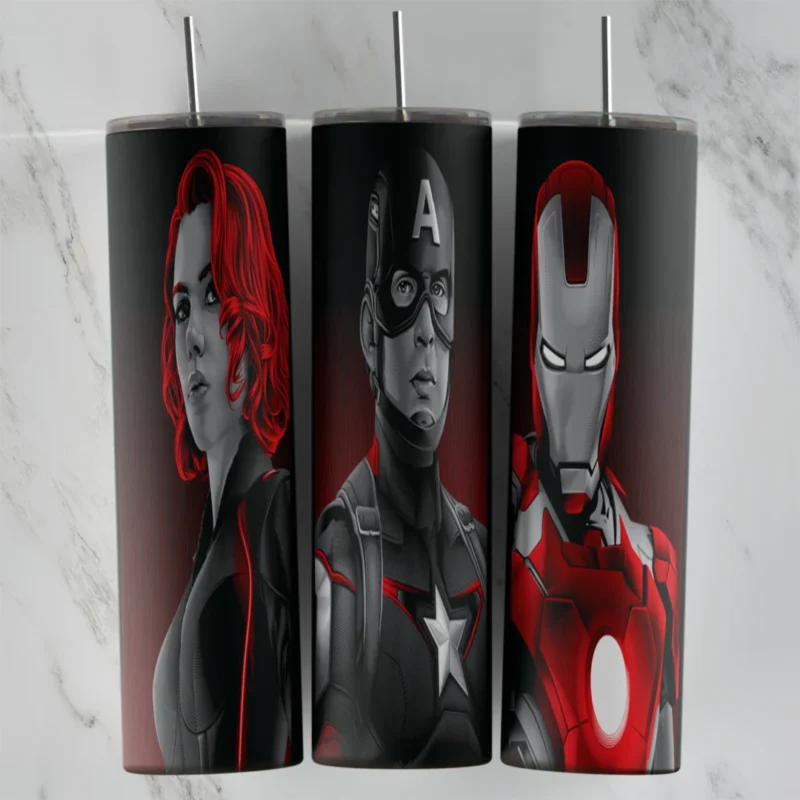 A 20 oz skinny tumbler wrap showing Black Widow, Captain America and Iron Man as grey portraits with touches of red. Sublimation design