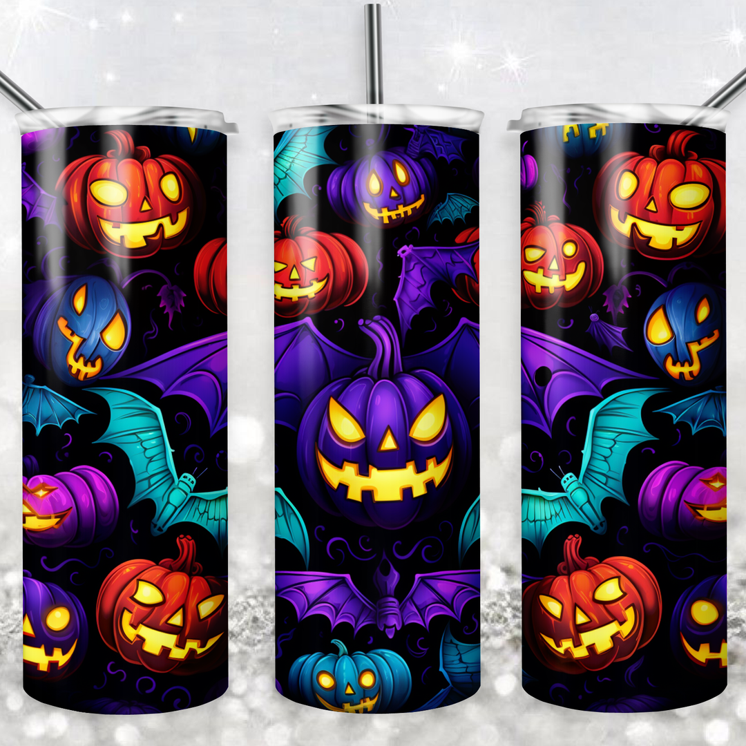 20 Oz Neon Halloween Pumpkin Tumbler Cup Design