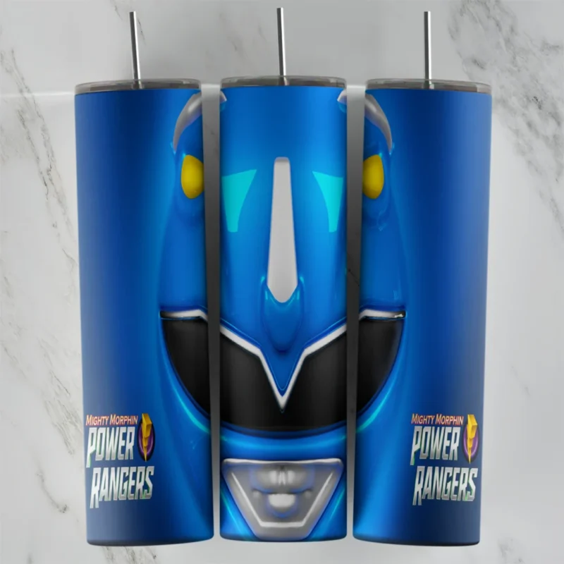 A blue 20 oz tumbler wrap with a close up Blue Ranger helmet, yellow eye details over the black visor and Power Rangers logos. Sublimation design