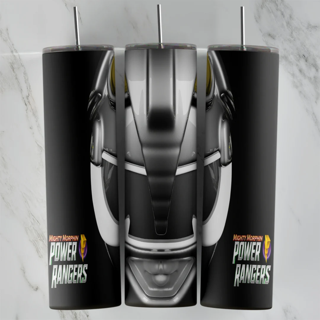 A full 20 oz skinny tumbler wrap styled as the Black Power Ranger helmet: a silver faceplate and dark visor in the center. Sublimation design