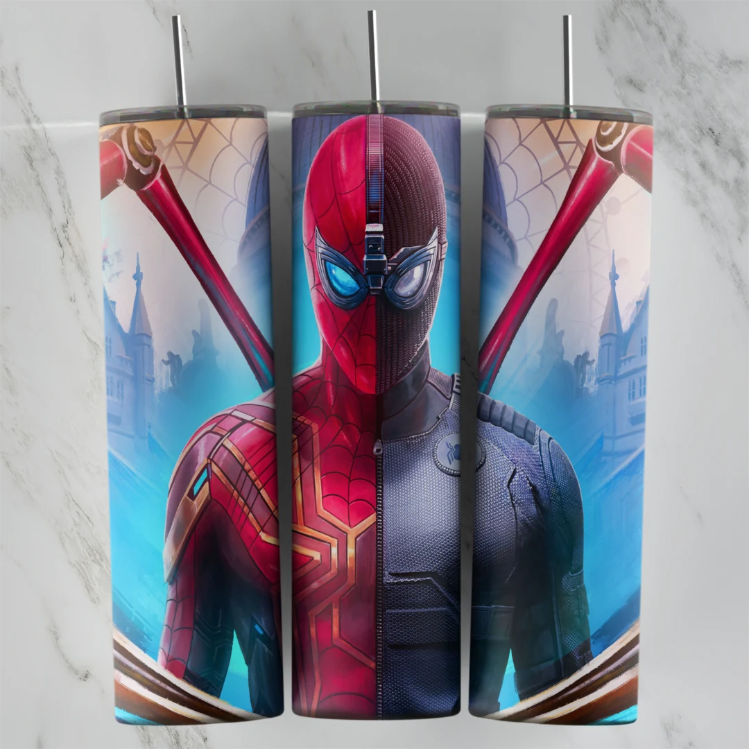 20 Oz Spiderman Two Suits Skyline Tumbler Cup Design