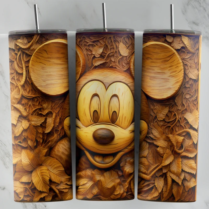 A full 20 oz skinny tumbler wrap of a smiling Mickey face carved in light wood, set on a background of carved wooden leaves. Sublimation design