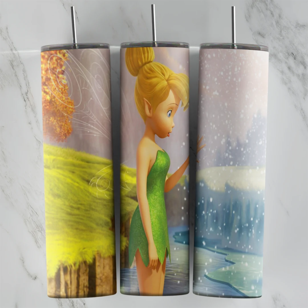 A Tinker Bell tumbler wrap with Tink in green between a bright meadow with a wooden fence and a snowy blue river scene. Sublimation design