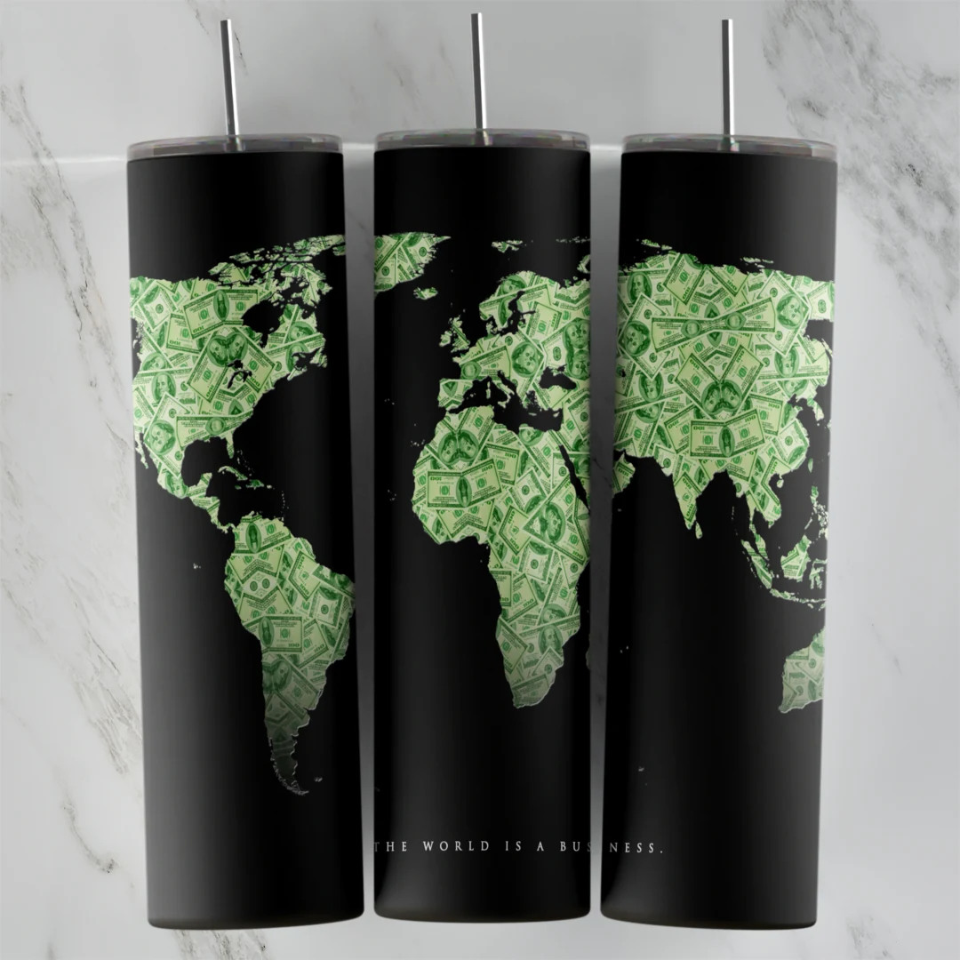 20 Oz World Map Cash Continents on Black Tumbler Cup Design