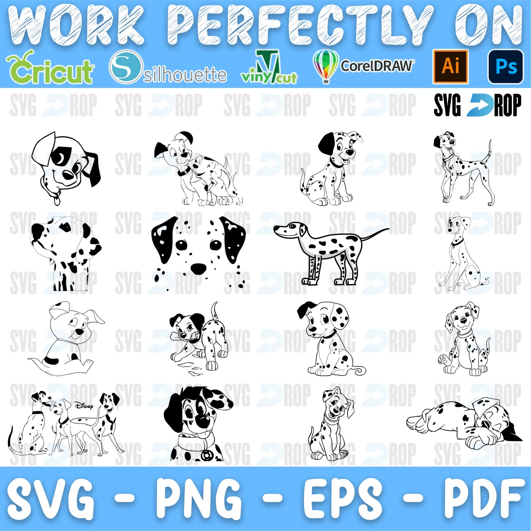 A 101 Dalmatians sheet of black spotted puppies sitting, running, lying down and playing, drawn in bold black and white. SVG bundle