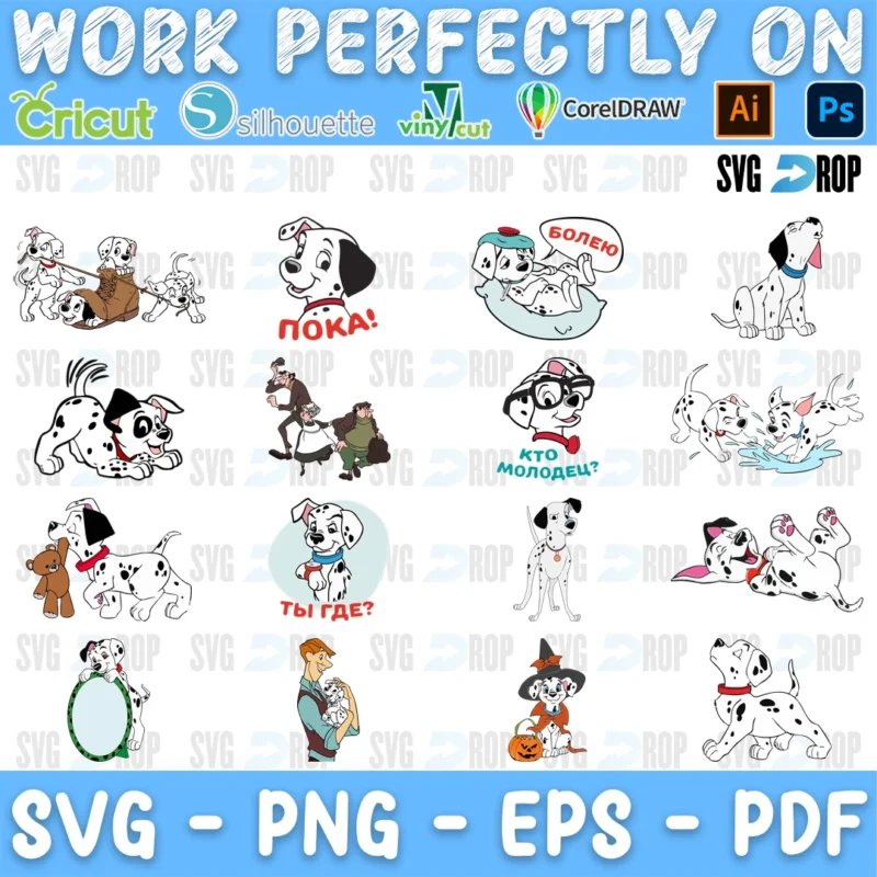 A 101 Dalmatians sheet: puppies drawn in line art with touches of color, some in speech bubble scenes with short Russian captions, plus. SVG bundle