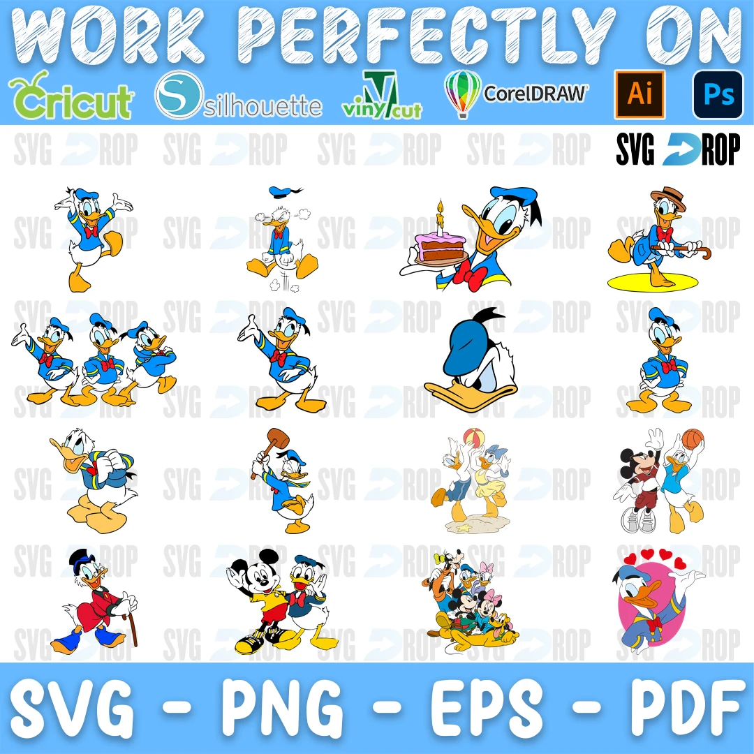 A sheet of full color Donald Duck clipart: Donald on a skateboard, with a birthday cake, beside Uncle Scrooge, Mickey Mouse and Daisy Duck. SVG bundle