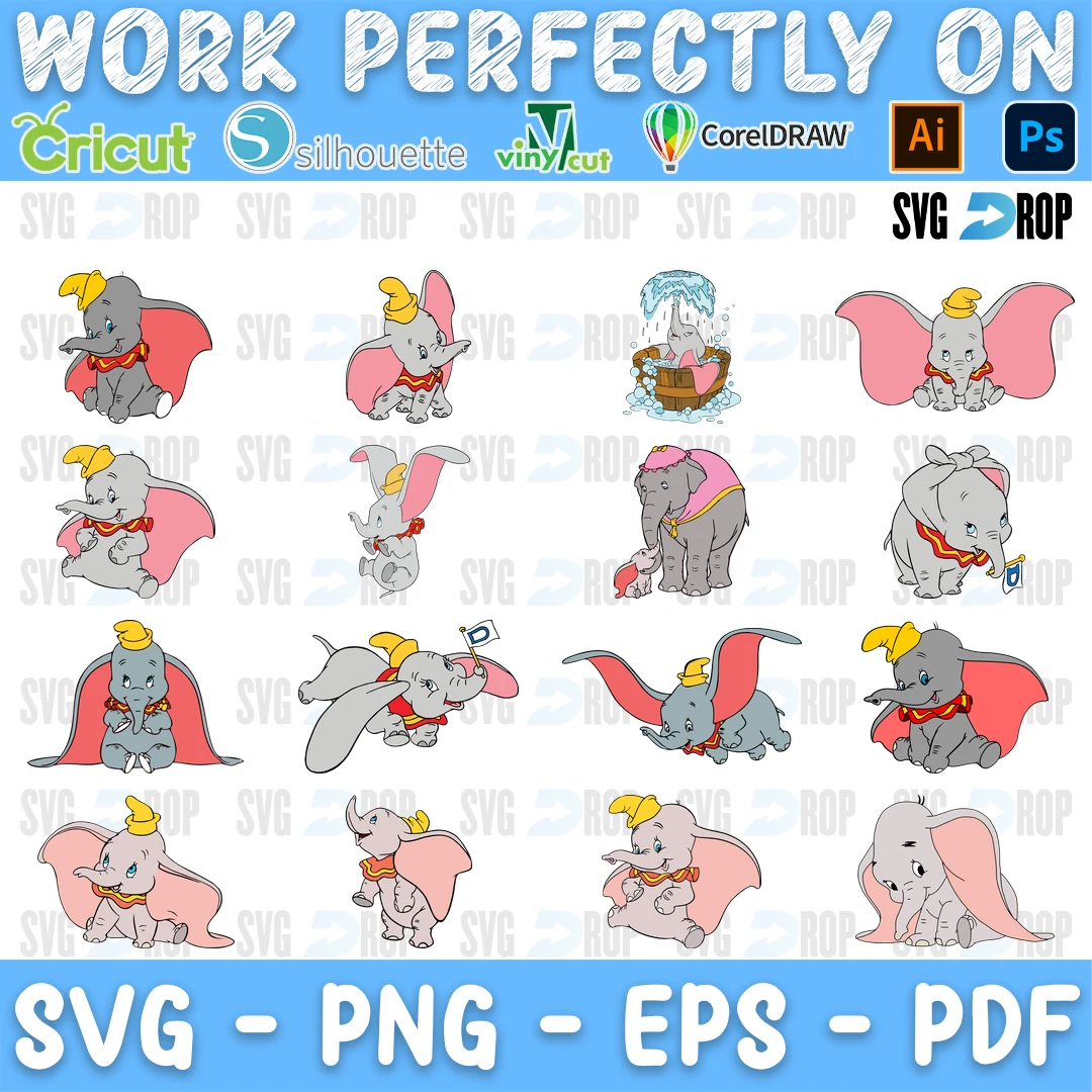 A full color Dumbo design set with small clip art style poses: the elephant sitting, flying with ears spread, peeking and lying down. SVG bundle