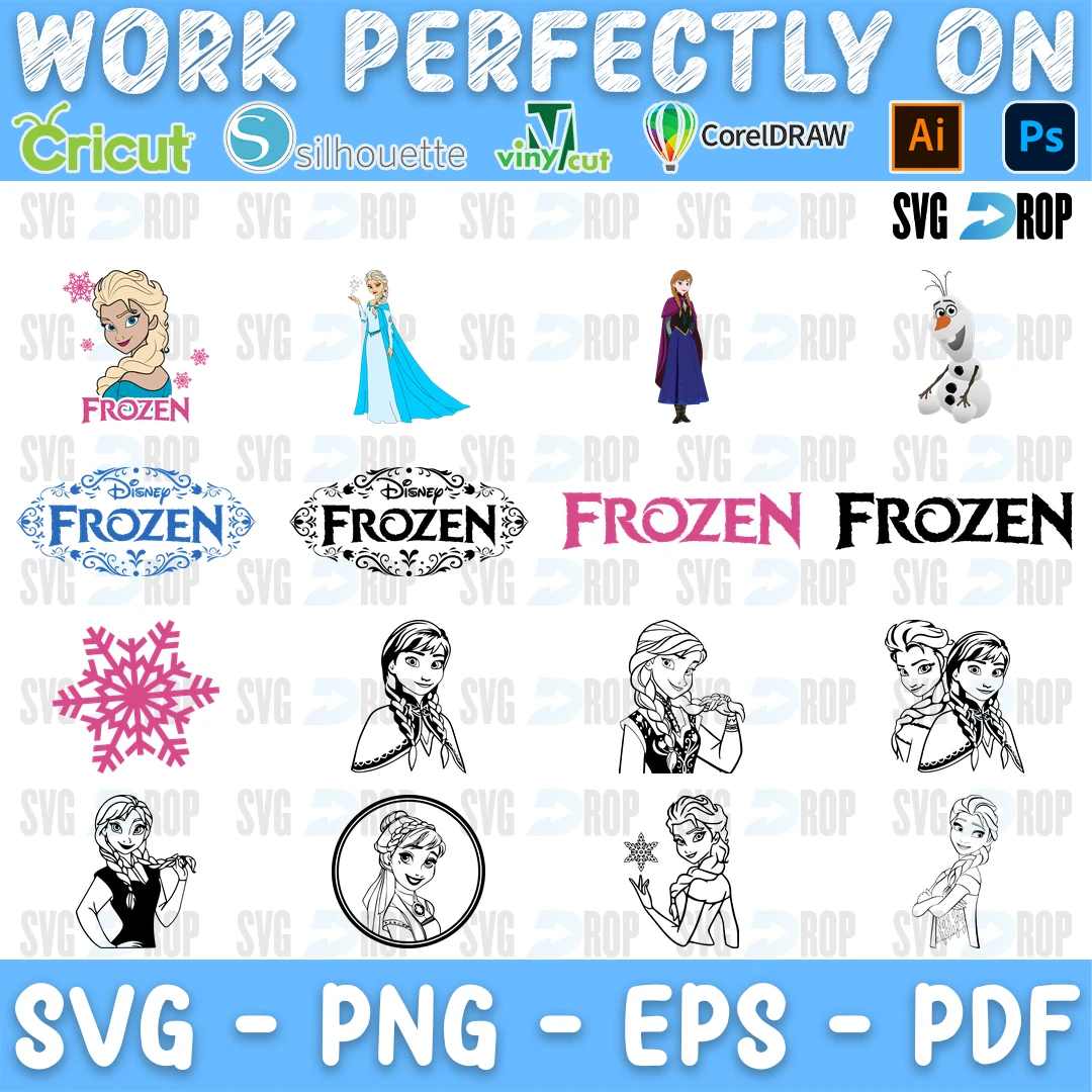 A Frozen set: Frozen logos in blue, black, pink and outline styles, color Elsa, Anna and Olaf, a pink snowflake and black line art Anna. SVG bundle