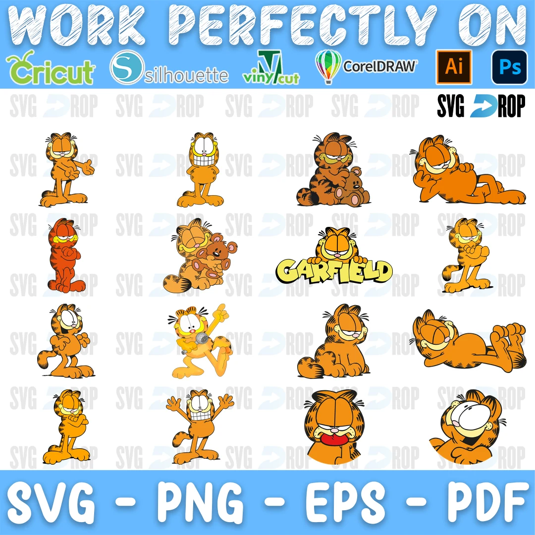 A sheet of small full color Garfield poses: standing, lying down, smiling and waving, with small Garfield lettering in the middle. SVG bundle