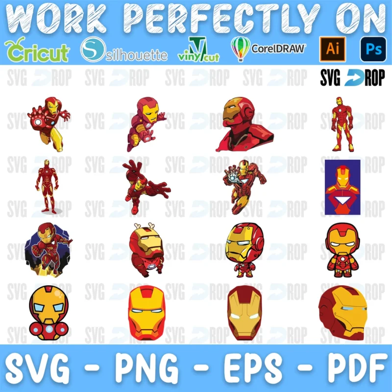 A sheet of full color Iron Man designs: flying, standing and landing poses, chibi Iron Man, red and gold helmets and a framed portrait. SVG bundle