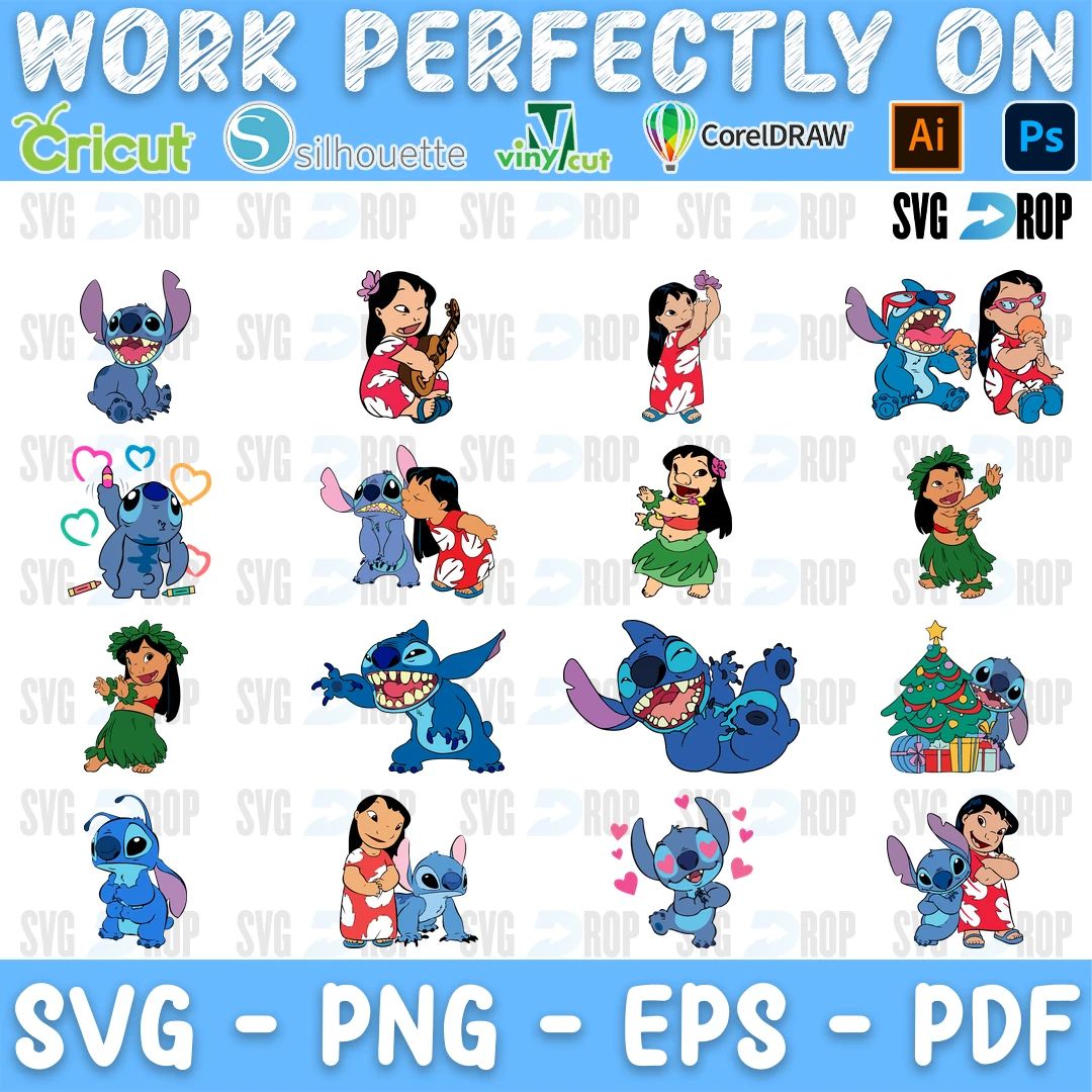 Full color Lilo and Stitch designs: Stitch with hearts, Lilo and Stitch hugging, Lilo dancing hula, Stitch lying down and Stitch. SVG bundle