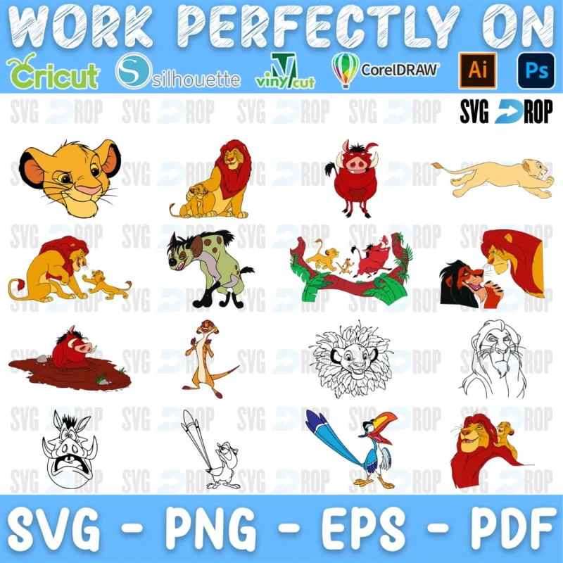 A sheet of full color Lion King cartoon clipart: Simba, Mufasa, the hyenas, Timon, Pumbaa, Rafiki, Zazu and Scar, plus line art portraits. SVG bundle