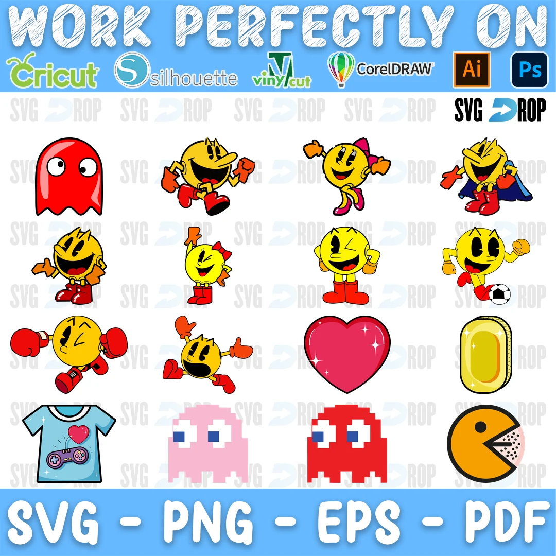 A sheet of full color Pac-Man designs: Pac-Man with arms and legs waving, running and kicking a ball, Ms. Pac-Man, a heart, a gold coin. SVG bundle