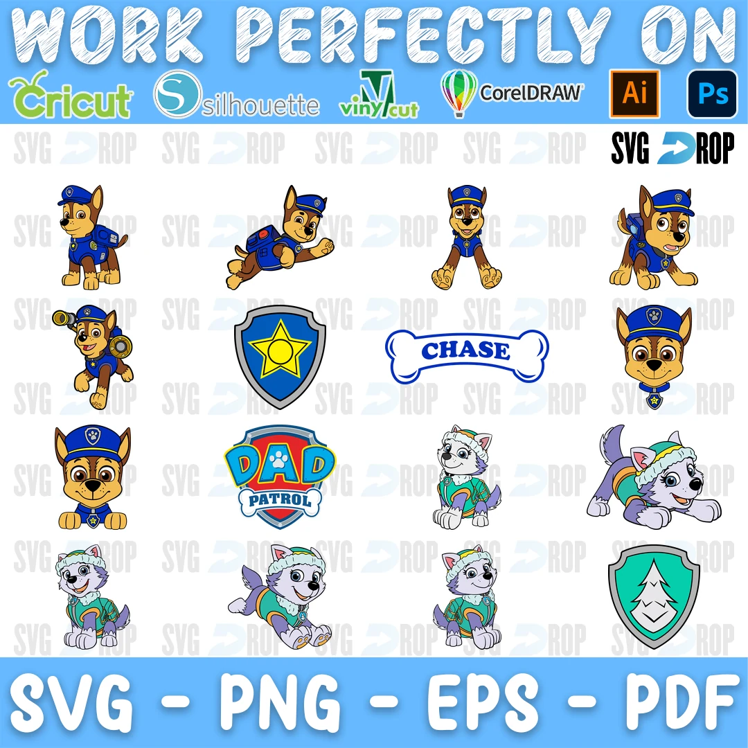 A full color Paw Patrol set focused on Chase and Everest: poses, faces, their shield badges, a Chase bone name tag and the Paw Patrol logo. SVG bundle