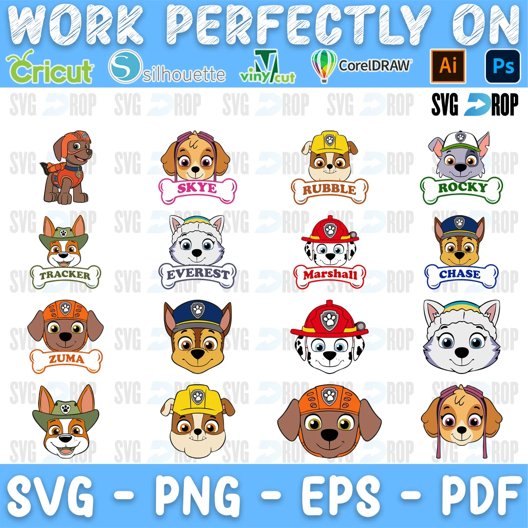 A full color Paw Patrol set of pup faces with bone name tags: Skye, Rubble, Rocky, Tracker, Everest, Marshall, Chase and Zuma, plus extra. SVG bundle