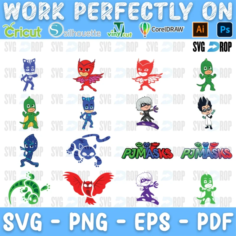 A PJ Masks set in full color: Catboy, Owlette and Gekko in action poses, Romeo and Luna Girl, PJ Masks logos and animal emblems. SVG bundle
