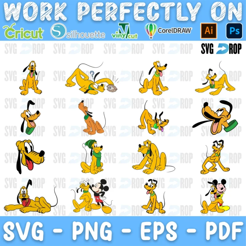 A sheet of full color Pluto designs in classic cartoon poses: sitting, lying down, running, sniffing and wagging his tail, with one. SVG bundle