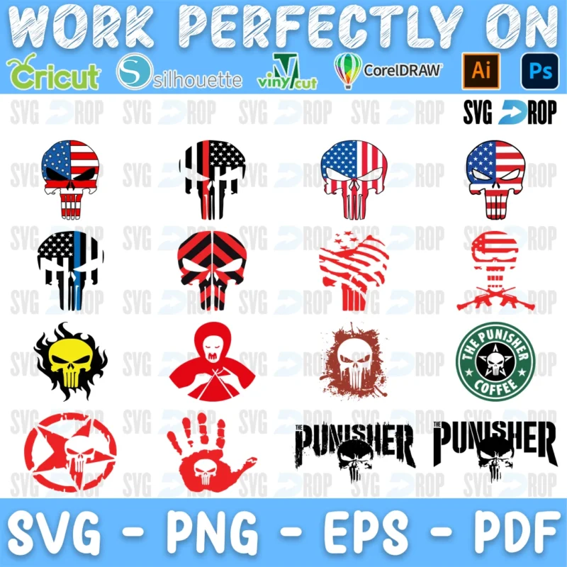 A set of colored Punisher skulls: American flag and thin blue and red line skulls, a yellow skull, a Punisher coffee logo parody, a red. SVG bundle