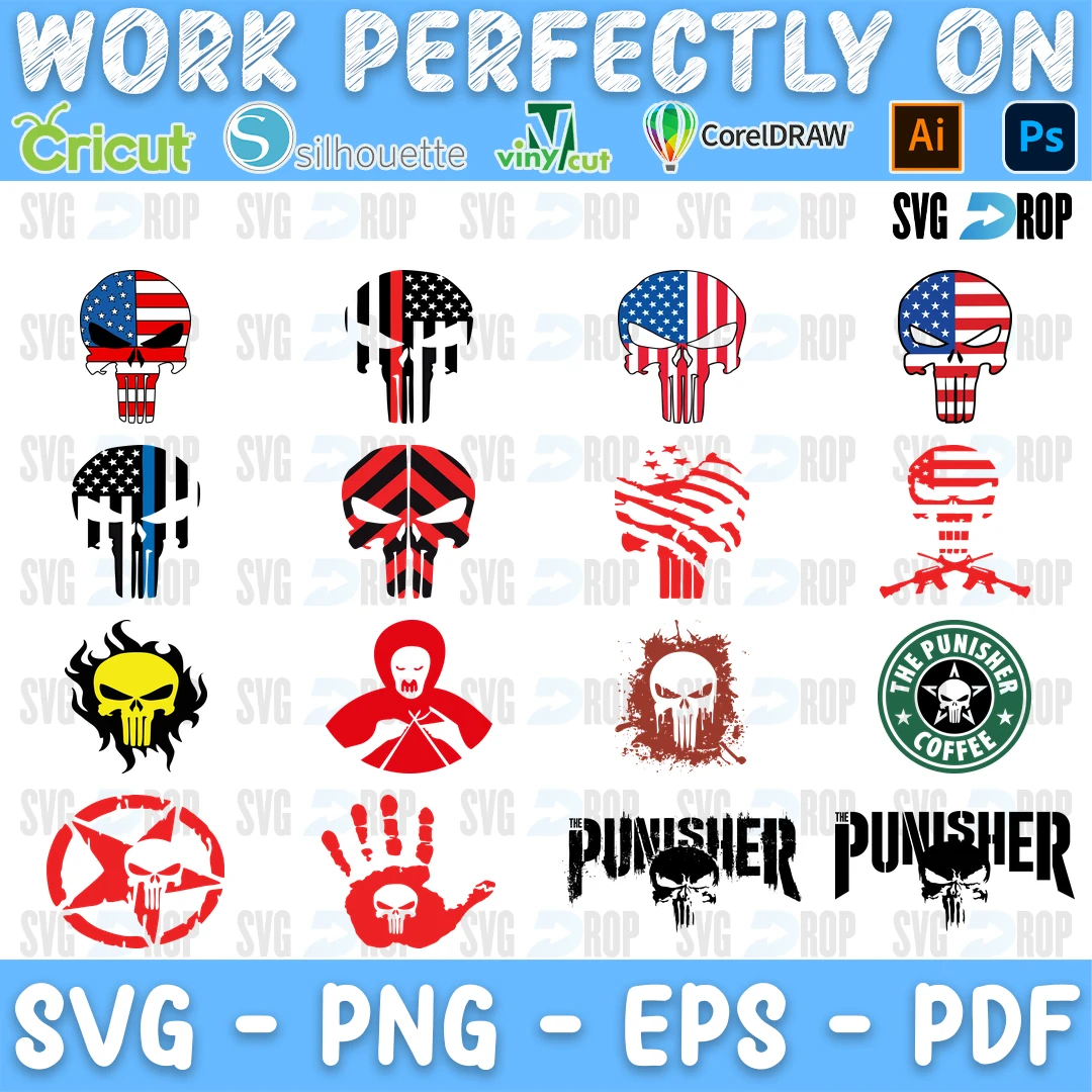 A set of colored Punisher skulls: American flag and thin blue and red line skulls, a yellow skull, a Punisher coffee logo parody, a red. SVG bundle