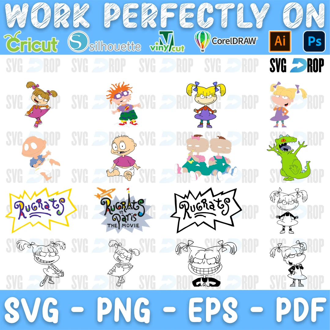 A sheet of Rugrats characters in both full color and black outline: Angelica, Tommy, Chuckie, the twins, Reptar and three Rugrats logos. SVG bundle