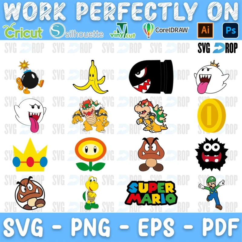 A Super Mario sheet of items and enemies: a Bob-omb, a banana, Bullet Bill, Boo, Bowser, a gold coin, a crown, a fire flower, a Goomba. SVG bundle