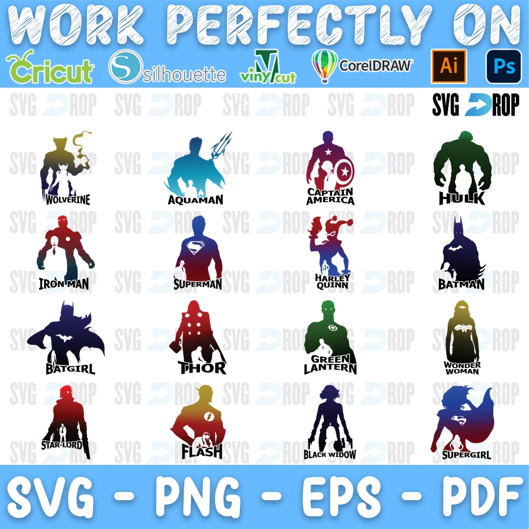Superhero Silhouettes with Names Bundle SVG