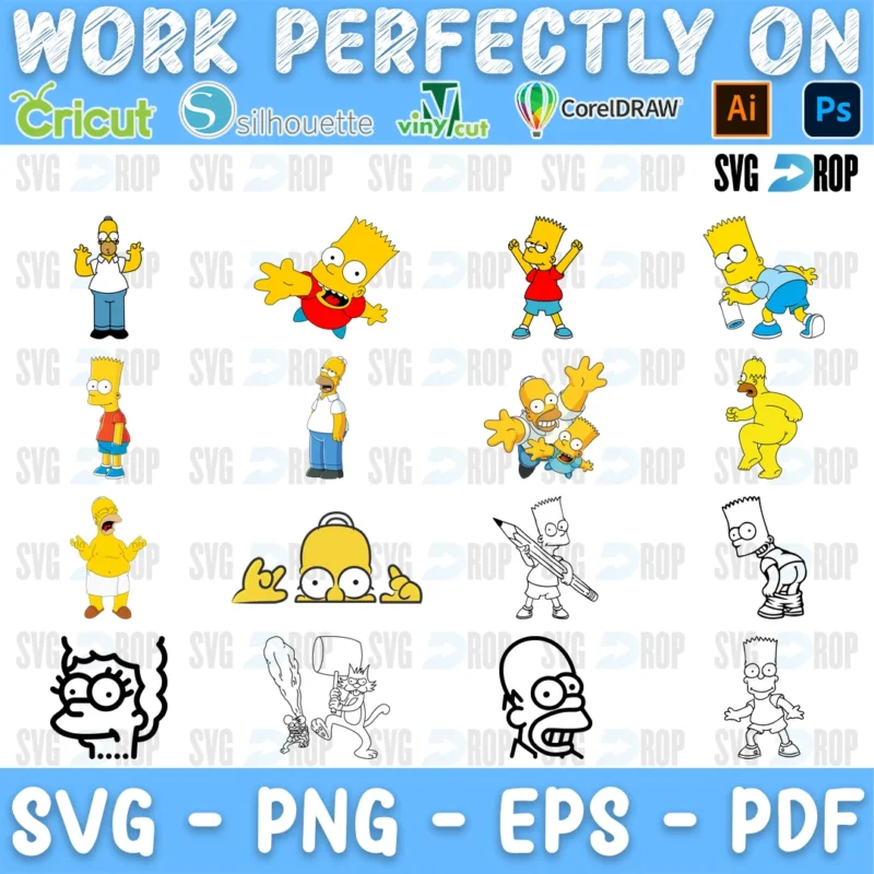 A Simpsons bundle of Homer and Bart in many poses, in full color and in black line art, including Homer peeking over a wall and Bart. SVG bundle