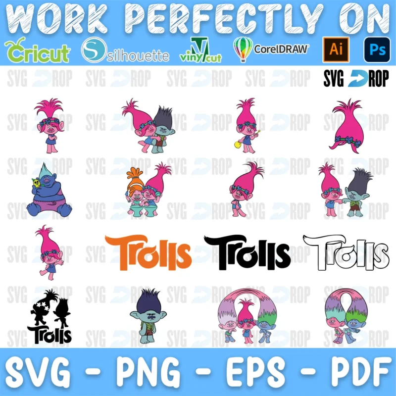 A Trolls set: small Poppy, Branch and Biggie figures and Trolls logos in orange, black, outline and silhouette styles. SVG bundle