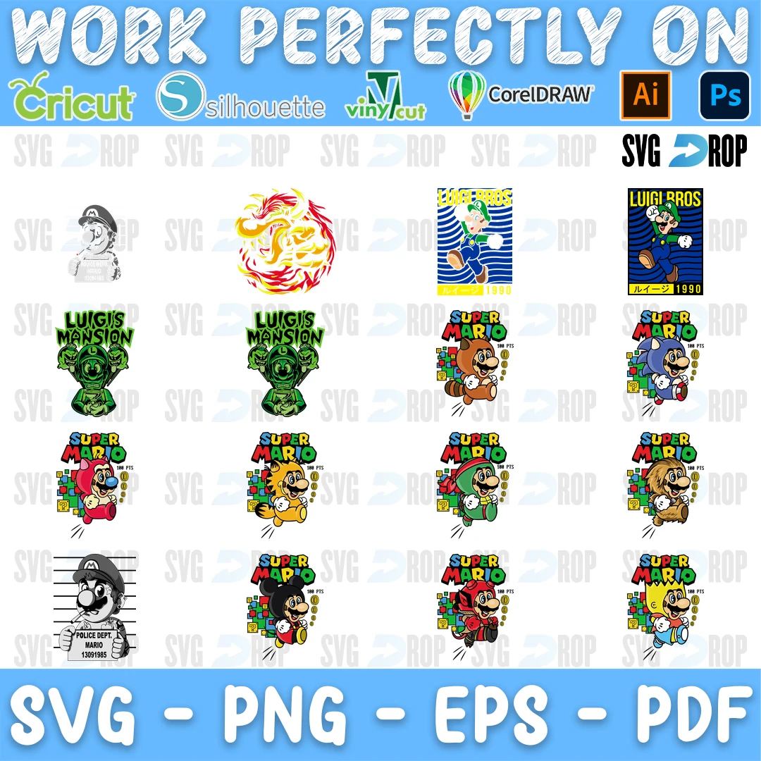A Super Mario sheet of retro style prints: green Luigi portraits, Luigi Bros and Mario Bros posters, distressed Mario artwork and a sepia. SVG bundle