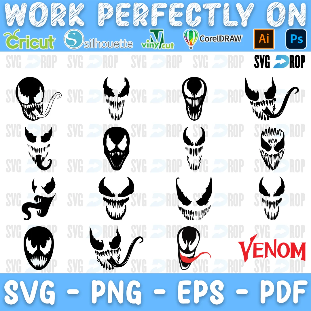 Venom Tongue Faces and Red Logo Bundle SVG