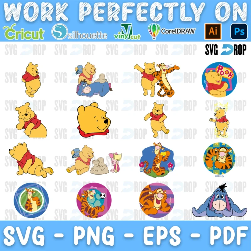A bundle of full color Winnie the Pooh designs: Pooh, Tigger, Eeyore and Piglet in round portrait badges, plus Pooh in sitting and lying. SVG bundle