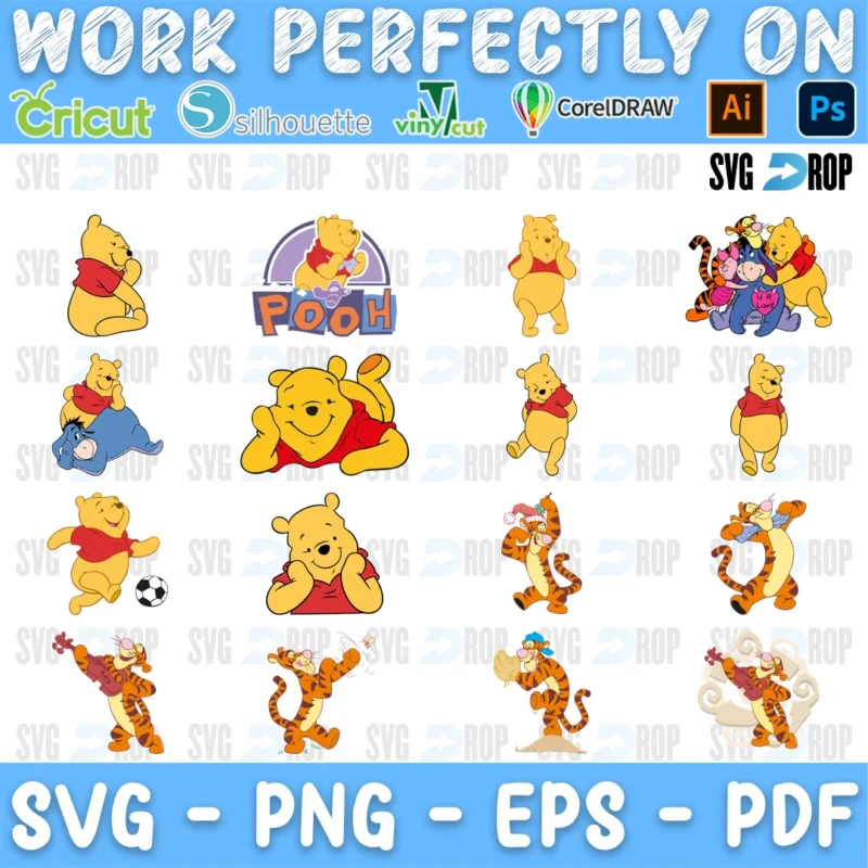 A bundle of full color Winnie the Pooh designs: a round Pooh logo, Pooh lying down, playing soccer, with honey, and Tigger and Eeyore. SVG bundle