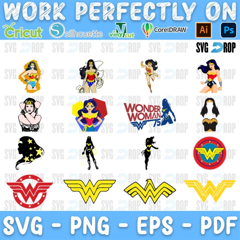 A sheet of small Wonder Woman figures in full color and black, with WW logos in red and gold, round emblems and Wonder Woman lettering. SVG bundle