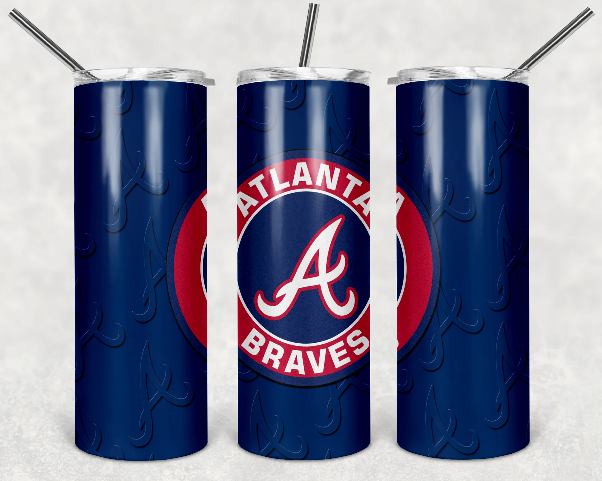 A 20 oz skinny tumbler wrap with the round red and white Atlanta Braves A logo on a navy background with a faint tomahawk pattern. Sublimation design