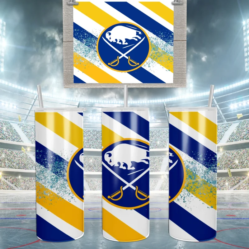 A 20 oz skinny tumbler wrap for Buffalo Sabres fans: diagonal navy, gold and white stripes with a distressed look and the Sabres. Sublimation design